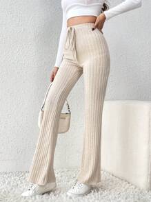 SHEIN Tall Tie-waist Ribbed-knit Flared Trousers - Apricot - View 4
