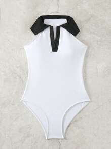 SHEIN Swim 夏季有领拼色连体泳衣 - 黑與白 - 查看 3