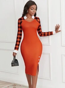 SHEIN Lady In kẻ sọc Buffalo Tay Raglan Tách đùi Đầm - Nhiều màu - Xem 1