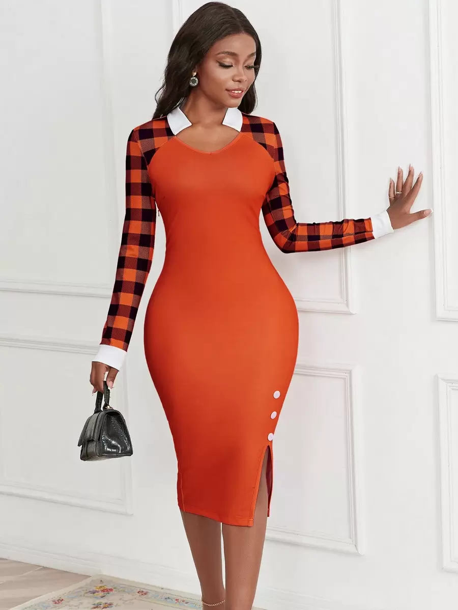 SHEIN Lady In kẻ sọc Buffalo Tay Raglan Tách đùi Đầm - Nhiều màu - Xem 1