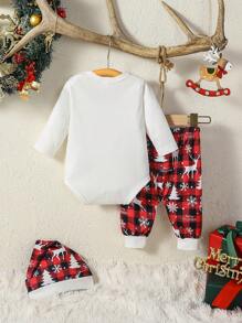 SHEIN Perso Play Tiệc Giáng sinh Vui Trẻ sơ sinh & Bé trai Ông già Noen In Áo liền quần chặt Với Tròn Đường viền cổ áo Và Bông tuyết Quần Dễ thương Giải trí Đối với Mùa Thu Hoặc Mùa Đông - Nhiều màu - Xem 2