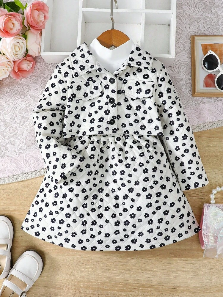 Young Girl Ditsy Floral Print Quilted Jacket & Dress
