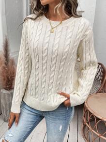 SHEIN Frenchy 女式絞花針織落肩毛衣 - 杏色 - 查看 6