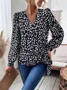 SHEIN Clasi All-over Printed Lantern Sleeve Tie-front Shirt - Black and White - View 1