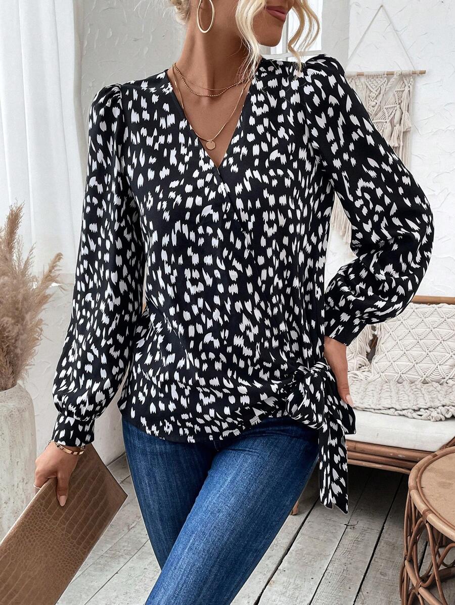 SHEIN Clasi All-over Printed Lantern Sleeve Tie-front Shirt - Black and White - View 1