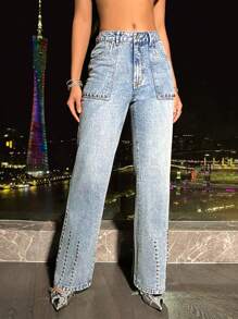 SHEIN BAE Đinh tán Chi tiết Denim mùa giặt Denim Quần jean - Màu xanh lam - Xem 1