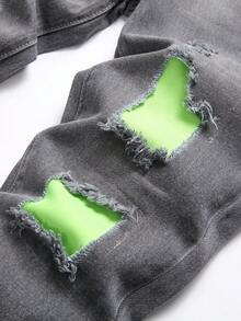 Teen Boys' Ripped Jeans With Cloth Patchwork - Grey - View 4