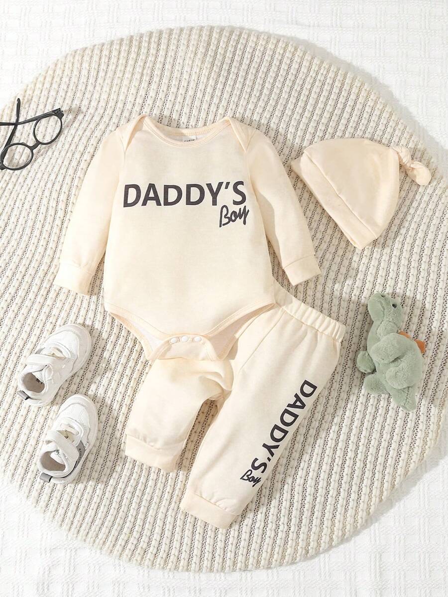 Baby Boy Letter Printed Bodysuit And Pants And Hat Set - Apricot - View 1