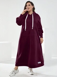 Mulvari Burgundy Red Women'S Plus Size Sweatshirt Dress With Letter Patch And Drawstring - Burgundy - View 3