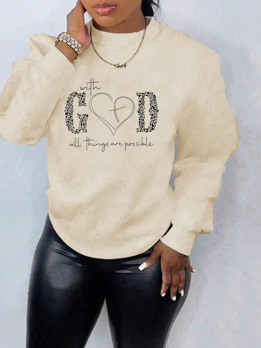 INAWLY Heart & Slogan Graphic Sweatshirt - Apricot - View 1