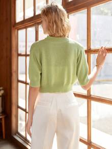 Knit Mix Turtleneck Fitted French Elegant Knit Top, Short Sleeve Pullover, Casual Style, Fashionable Cropped Sweater, Suitable For Back To School Season And Autumn - Lime Green - View 2