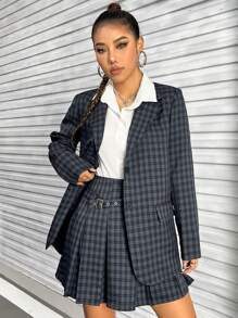SHEIN Unity 格紋單排釦西裝外套和帶扣裝飾的百褶裙 - 藏蓝色 - 查看 1