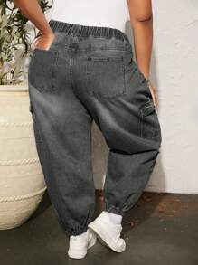 SHEIN CURVE+ 抽繩 口袋純色大碼牛仔褲 - 灰色 - 查看 2