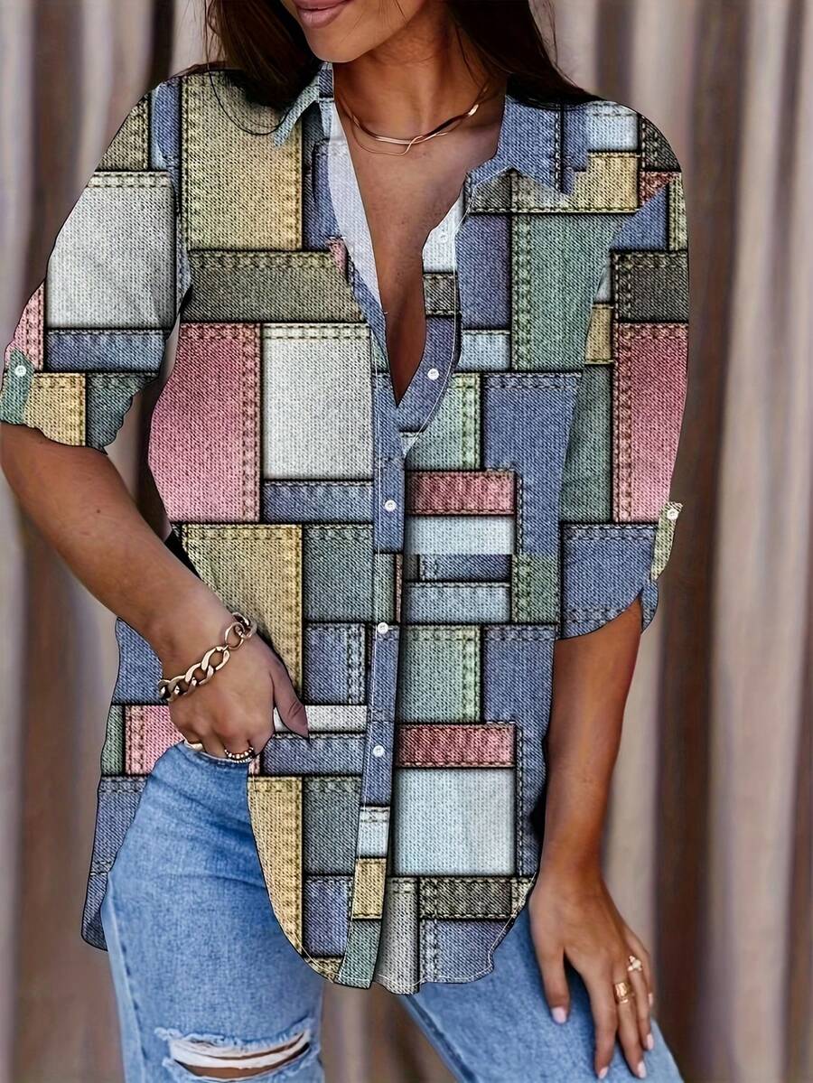 Plus Patched Print Shirt - Multicolor - View 1