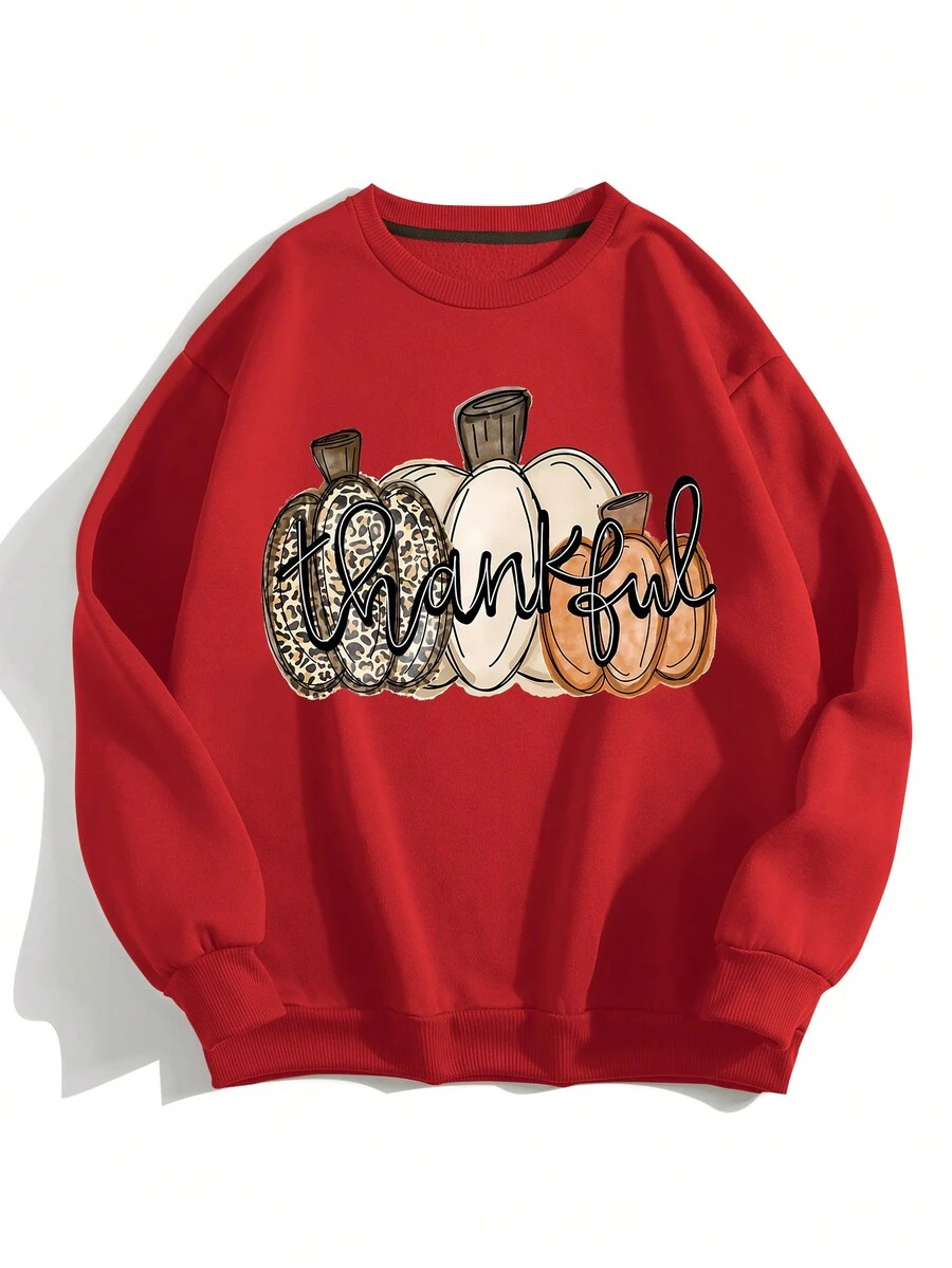 SHEIN EZwear 大尺碼南瓜&字母印花衛衣 - 紅色 - 查看 1