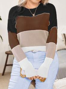 Celure 大尺碼拼色針織毛衣套頭 - 咖啡棕 - 查看 6