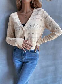 SHEIN Unity 紐扣孔眼針織開襟衫 - 杏色 - 查看 1