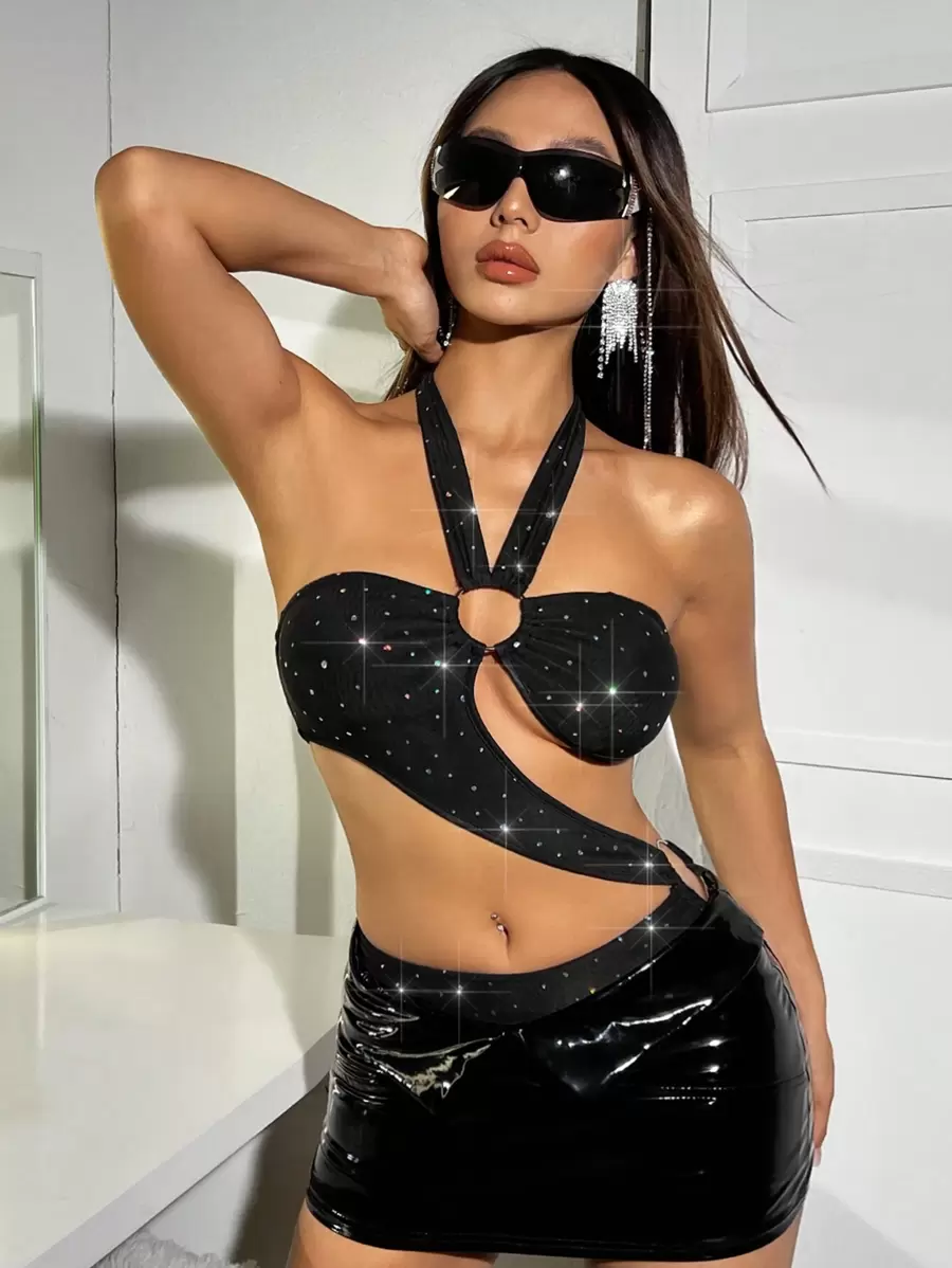 SHEIN ICON Bộ đồ liền thân khoét lỗ bất đối xứng và trang trí bằng đá Rhinestone - màu đen - Xem 1