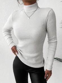 EURMUSE Women's Solid Color High Neck Sweater - White - View 4
