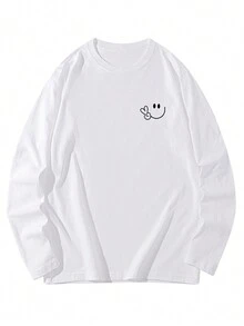 女士新款休闲笑脸字母印花圆领长袖T恤，百搭设计，适合女孩，秋冬