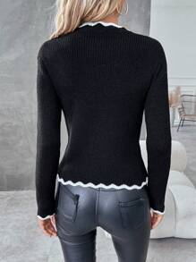 SHEIN LUNE 女士修身剪裁毛衣,邊緣有波浪狀裝飾 - 黑色 - 查看 2