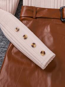 SHEIN Teen Girl高領充氣袖t卹&不對稱下擺配腰帶半裙