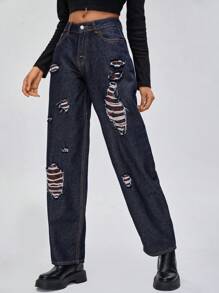 NAJILARAQUELDESIGNS Designer Women High Waist Ripped Straight Leg Cowgirl Jeans, For Holiday, Festival - Navy Blue - View 7