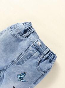 Young Girl's Butterfly Pattern Bootcut Jeans - Medium Wash - View 3