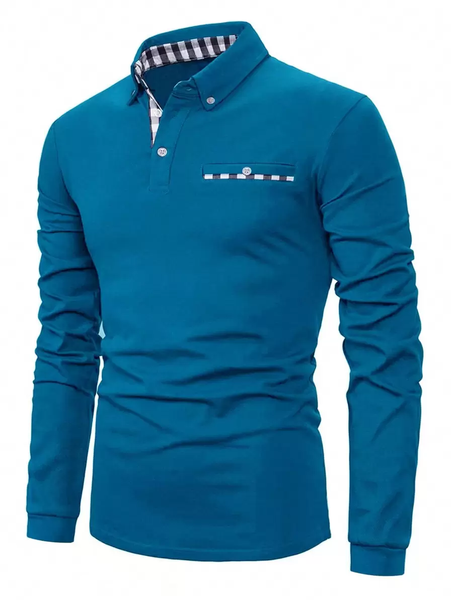 男士春秋休闲格子拼布长袖 Polo 衫