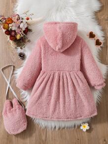SHEIN 小女童拉鍊連帽長毛絨洋裝附包 - 粉色 - 查看 2