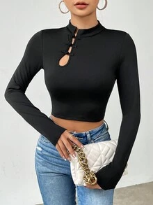 SHEIN Unity 女士高領荷葉邊毛茸茸內裡長袖t恤 - 黑色 - 查看 5