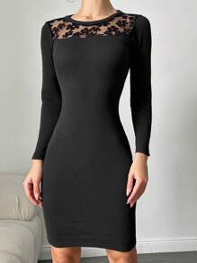 RueChic Contrast Floral Mesh Yoke Bodycon Dress - Black - View 1