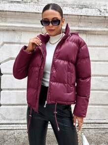 EURMUSE Drawstring Hem Hooded Puffer Coat - Hot Pink - View 4