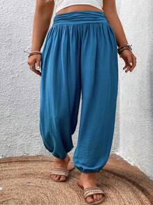 SHEIN LUNE Plus Solid Elastic Waist Trousers - Blue - View 3