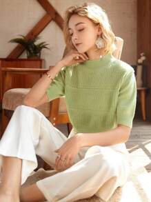 Knit Mix Turtleneck Fitted French Elegant Knit Top, Short Sleeve Pullover, Casual Style, Fashionable Cropped Sweater, Suitable For Back To School Season And Autumn - Lime Green - View 1