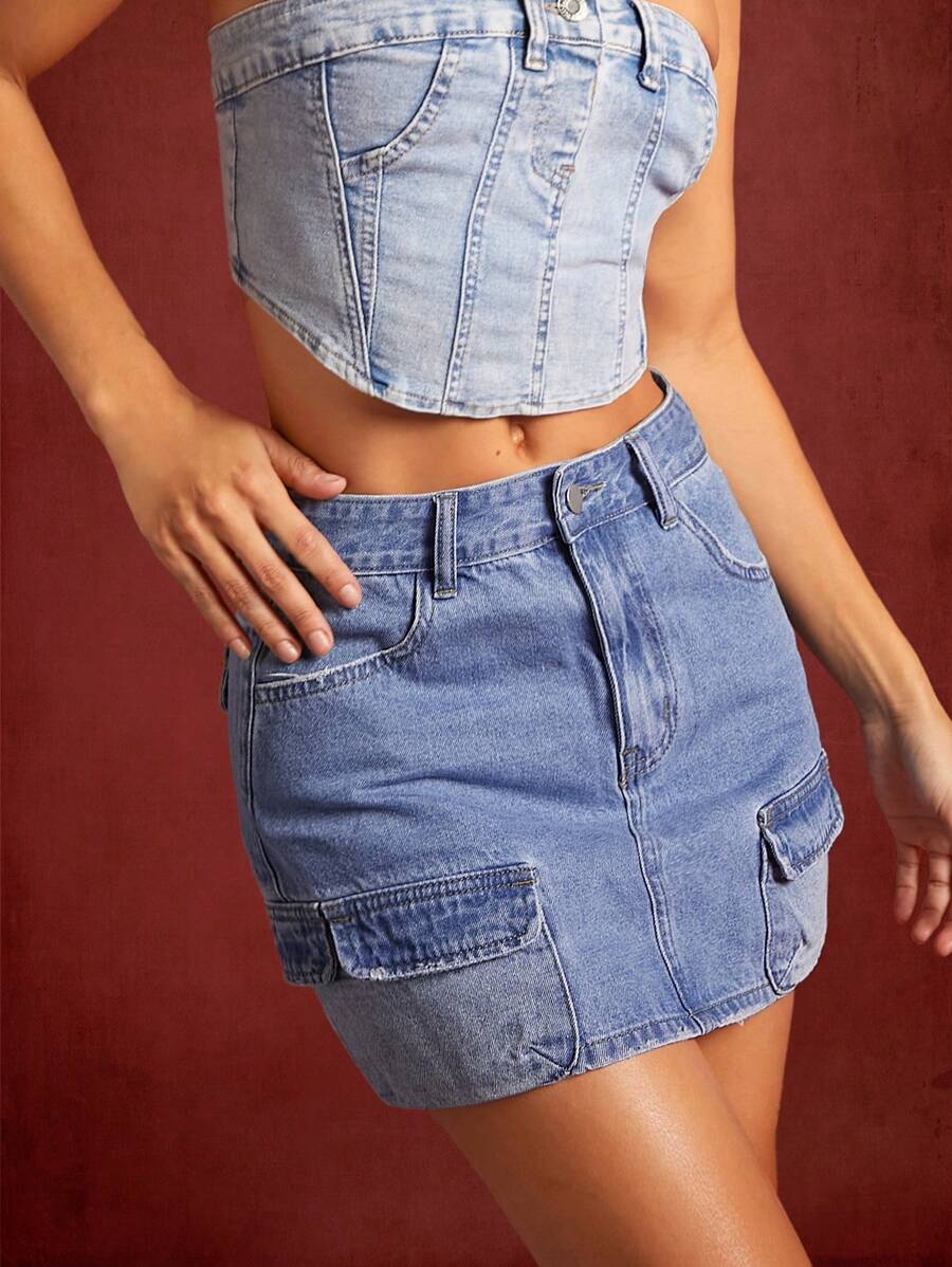 Flap Pocket Denim Skirt - Medium Wash - View 1