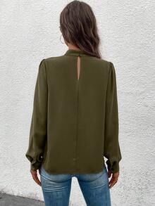 SHEIN Clasi 立領純色燈籠袖襯衫 - 軍綠色 - 查看 2