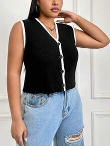 SHEIN EZwear Kích thước lớn Khối màu Nút phía trước Áo nịt đan Áo vest - Đen và trắng - Xem 4