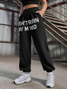 SHEIN Unity 女士黑色印花束口褲 - 黑色 - 查看 3