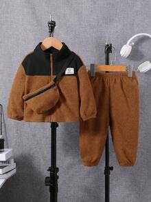 SHEIN 嬰兒男童顏色塊拼接夾克、純色褲子和背包套裝,長袖 - 棕色 - 查看 8