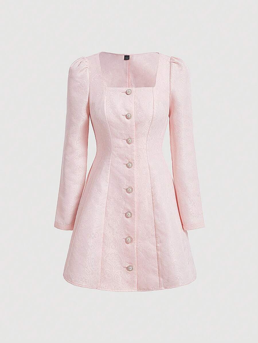 SQUARE NECK BUTTON FRONT MINI DRESS LINEN SAND