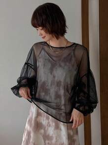 FRIFUL 女士灯笼袖透视T恤透明上衣长袖上衣 - 黑色 - 查看 3