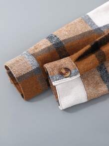 小男孩格子长袖休闲拼布单排扣衬衫 - 棕色 - 查看 7