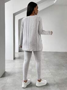 VaVaBold V領落肩羅紋針織上衣+緊身褲兩件套