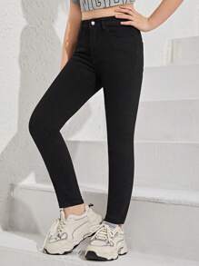 SHEIN Explorewe Tween Girl Solid Slant Pocket Jeans - Black - View 4