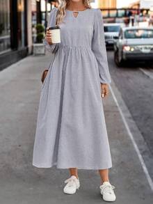 SHEIN LUNE Striped Print Keyhole Neckline Lantern Sleeve Dress - Blue and White - View 5