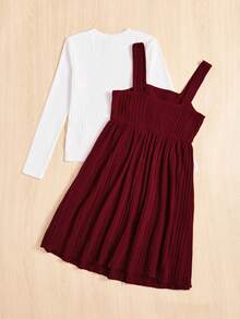 Cô gái Tween Áo phông trơn & Nơ mặt trước Váy Dây - Đỏ - Xem 2