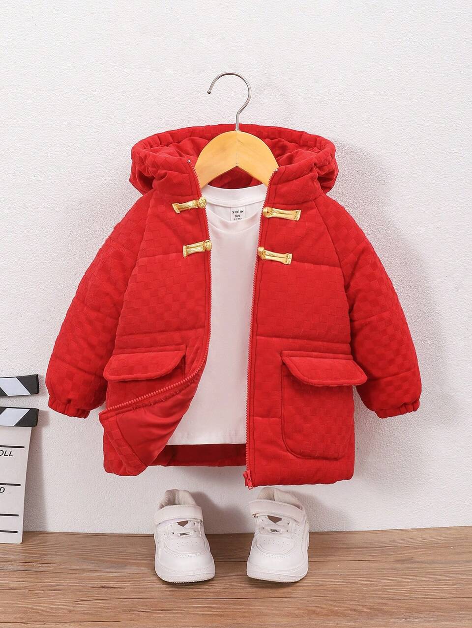 Neutral Baby Boy Chinese Style Checkerboard Fleece Hooded Padded Coat