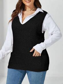 Blusa sin mangas de punto con cuello en V y detalle de lazo para mujer tallas grandes, prenda de punto informal para otoño/invierno - Negro - Ver 5