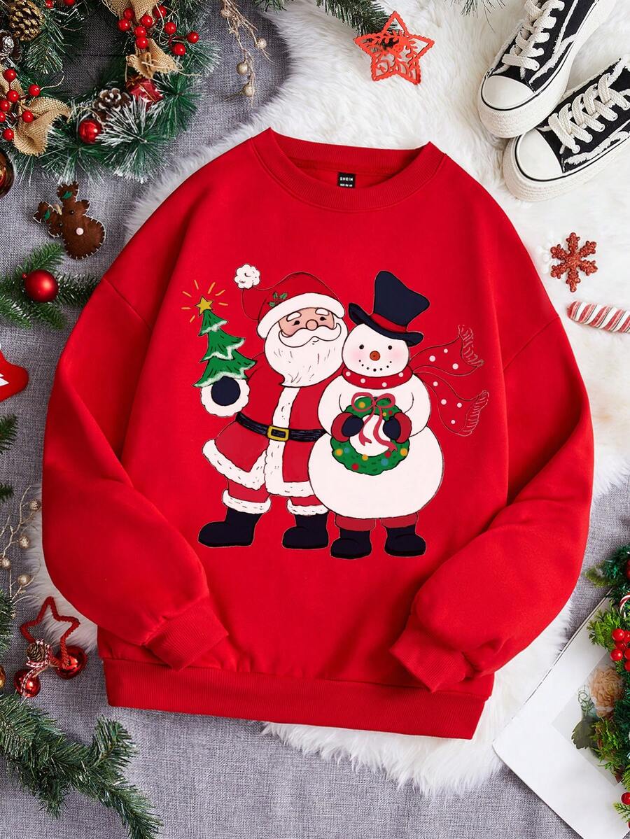 SHEIN EZwear 女士加大號聖誕印花運動衫 - 紅色 - 查看 1